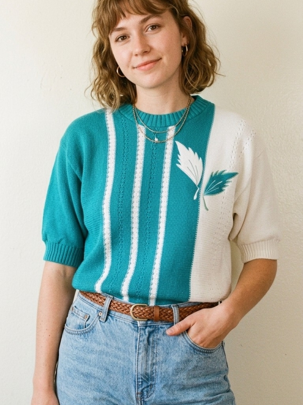 Palm Palm Knits Teal & Cream Short-Sleeve Knit Sweater Casual Leaf Pattern 80's